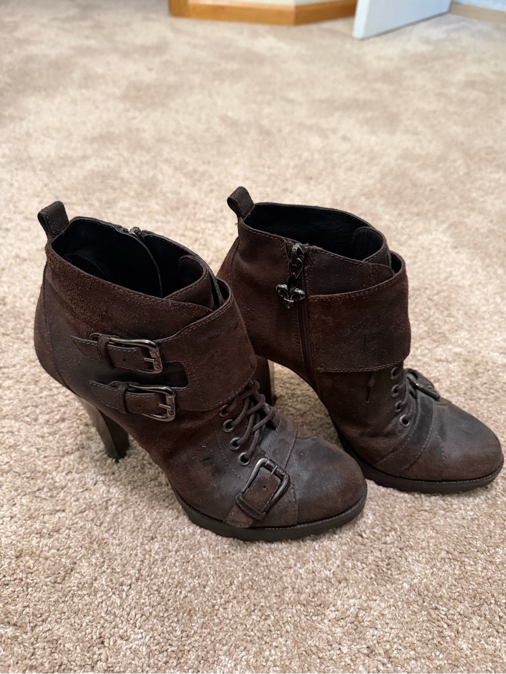 Donald Pliner Women’s Dark Brown Suede Lace-Up Ankle Boots with Buckle Detail